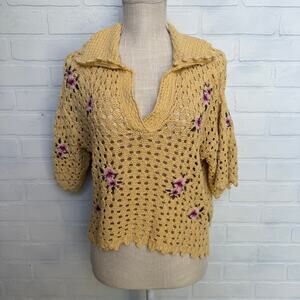 MNG Women's Yellow Crochet Crop Style Floral Embroidered Top Vneck Collar sz S